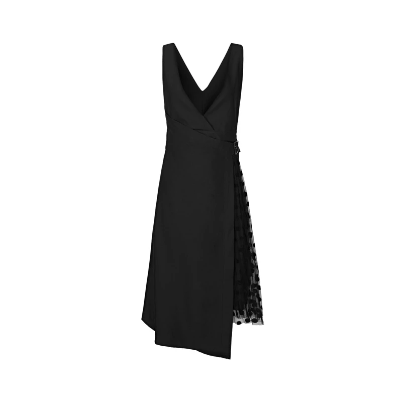 S·DEER圣迪奥女装小香风显瘦V领波点网纱收腰背带连衣裙S221Z1278