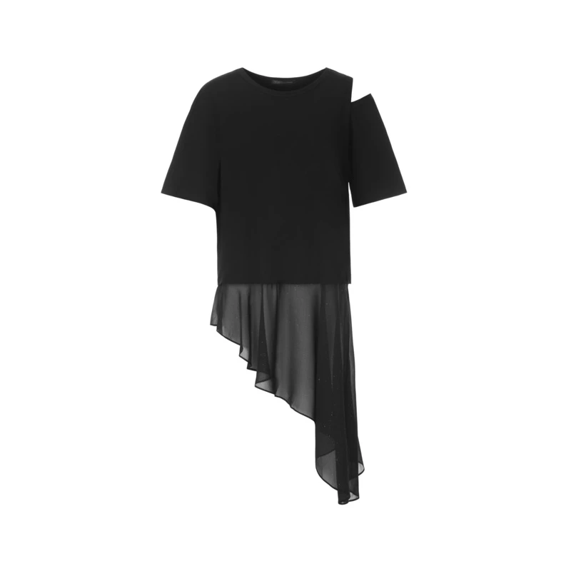 sdeer圣迪奥女装夏季时尚显瘦圆领露肩雪纺拼接短袖T恤S23280105