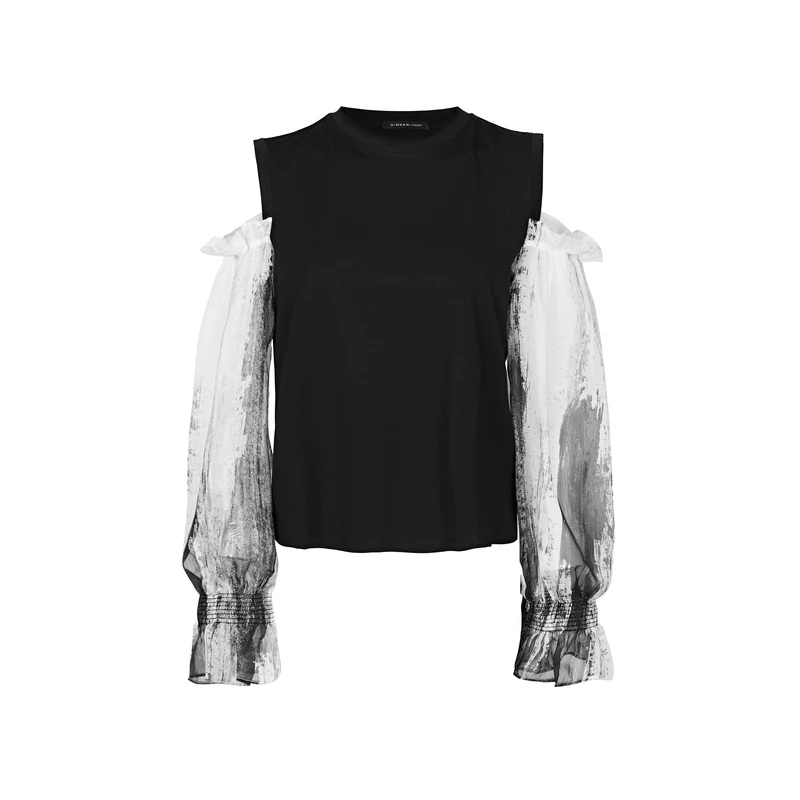 S·DEER圣迪奥时尚罗纹圆领露肩抽褶晕染撞色长袖T恤S22280204