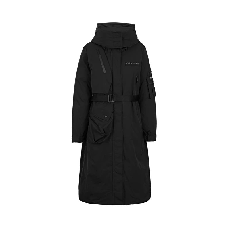 sdeer圣迪奥女装时尚高领连帽撞色字母收腰长款羽绒服S21482417