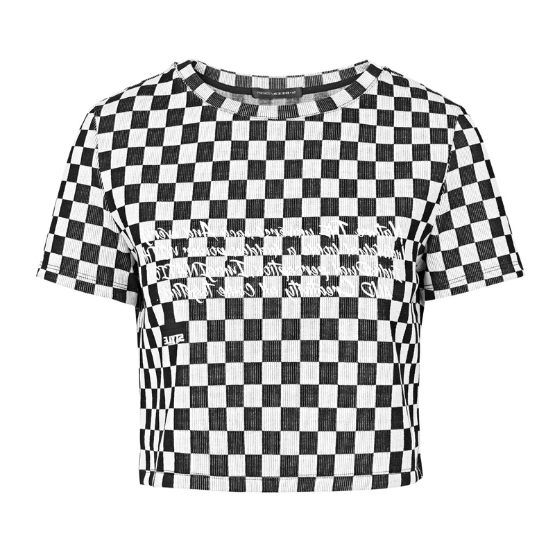 S·DEER圣迪奥女装时尚个性圆领格纹字母修身百搭短款T恤S22280174