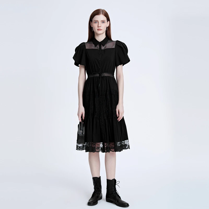 S·DEER圣迪奥女装学院风泡泡袖蕾丝拼接气质裙子连衣裙S22281226