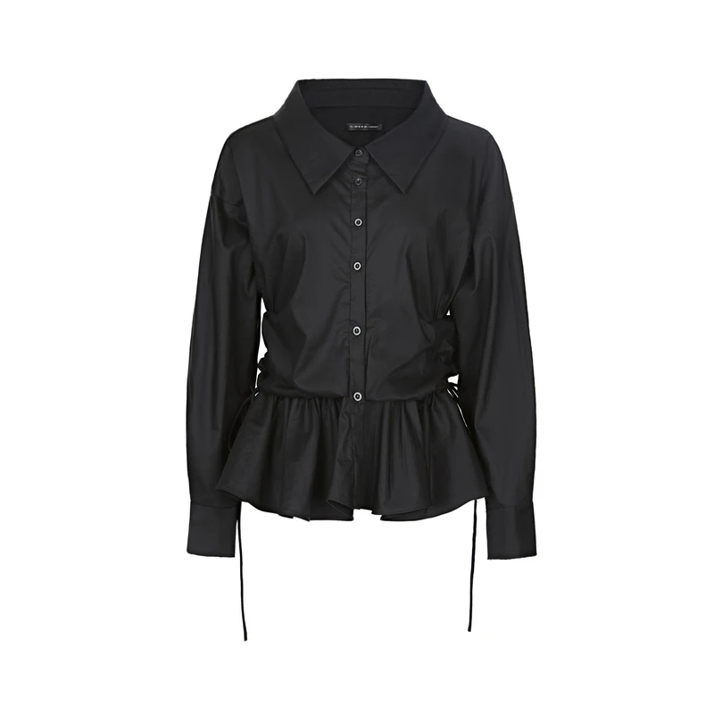 S·DEER圣迪奥女装个性翻领设计师抽绳不规则落肩袖衬衫S22180509