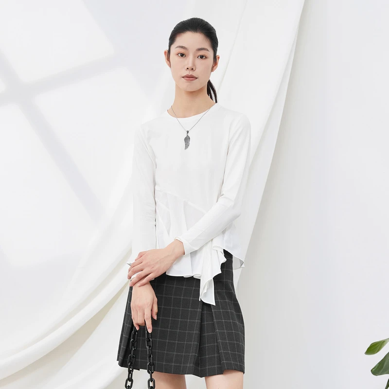 S·DEERsdeer圣迪奥简约休闲个性不规则白色长袖拼接T恤S20180202