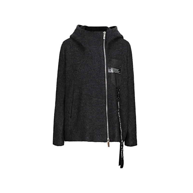 S·DEER圣迪奥女装秋冬连帽时尚字母织带不规则毛呢外套S214Z2209