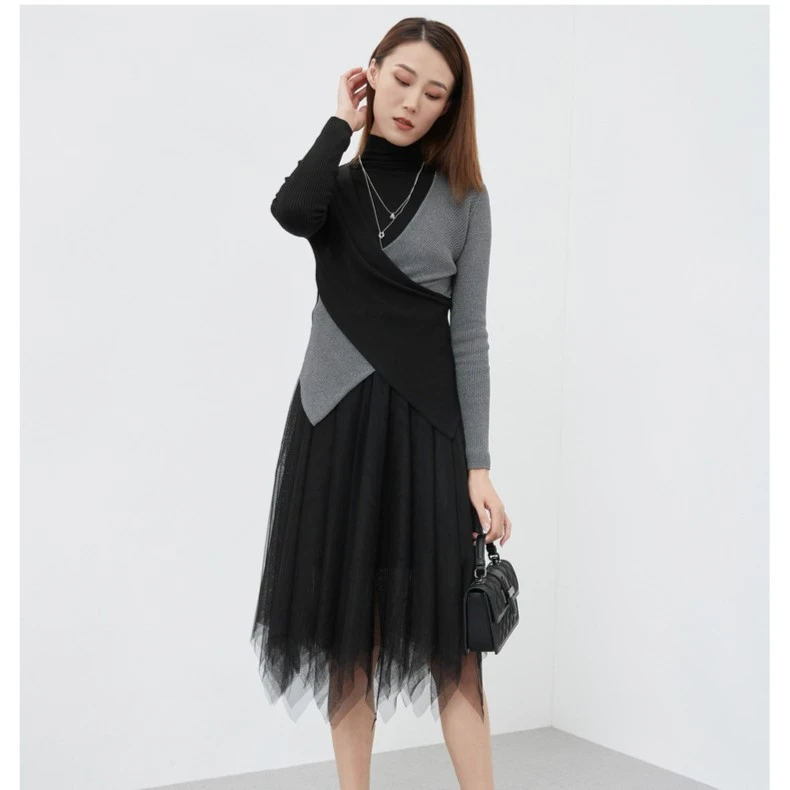 sdeer圣迪奥女装拼接时尚气质黑色长款针织两件套连衣裙S221Z1263