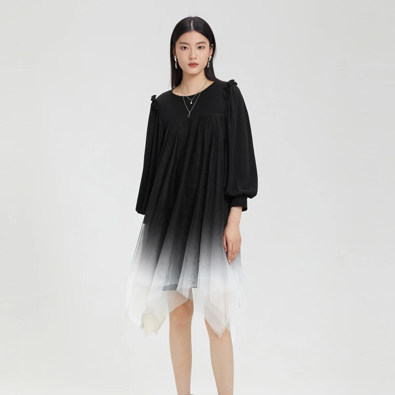 sdeer圣迪奥女装设计师拼接圆领木耳边网纱灯笼袖连衣裙S221Z1297