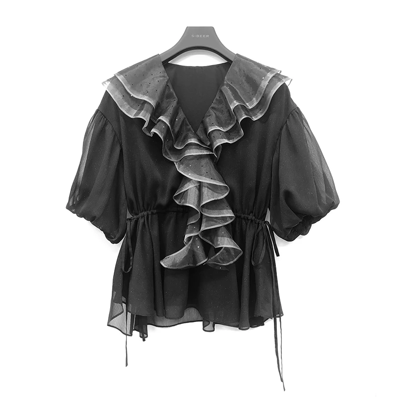 S·DEER圣迪奥秋冬酷飒黑色V字领设计师泡泡袖女装上衣S223Z0444