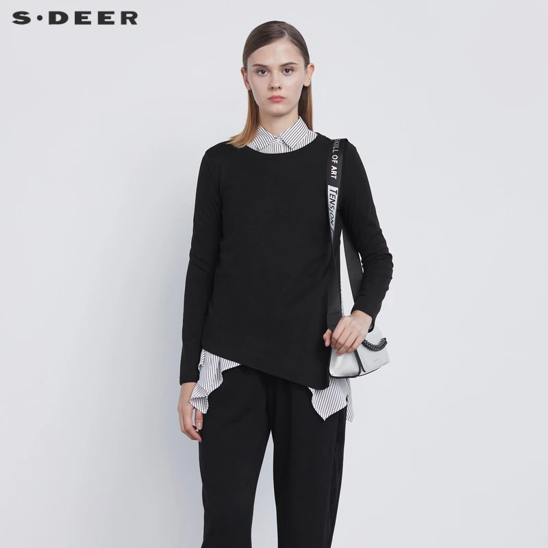 S·DEER圣迪奥女装时尚拼接休闲翻领不规则针织两件衬衫S21480517