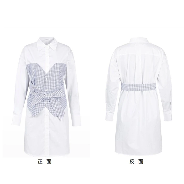 S·DEER圣迪奥女装高端休闲翻领格纹拼接收腰长款衬衫S21360509