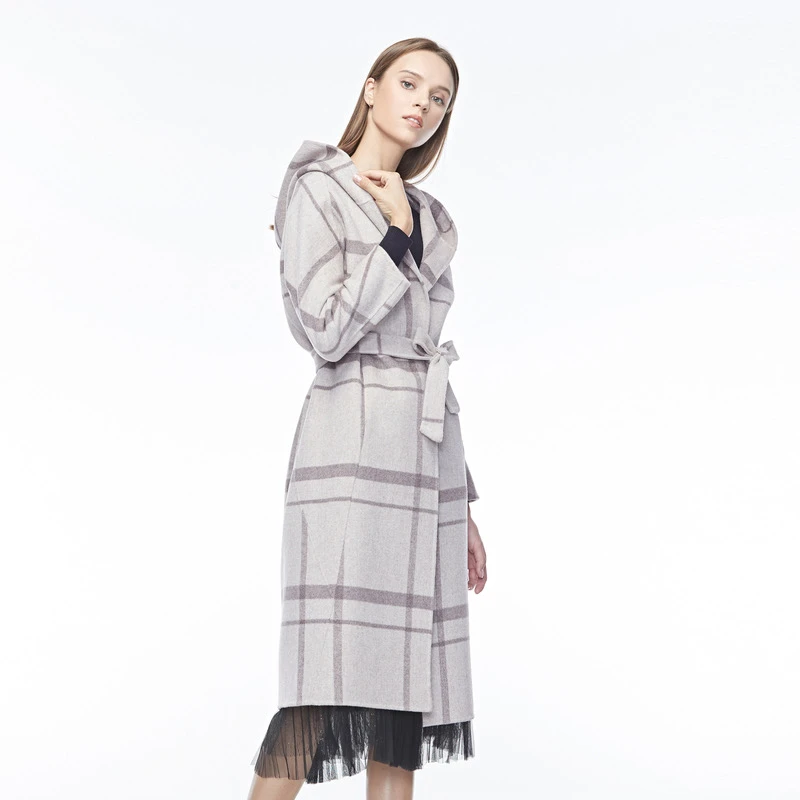 S·DEER圣迪奥女装时尚秋冬千鸟格毛呢插袋连帽长款风衣S19481830