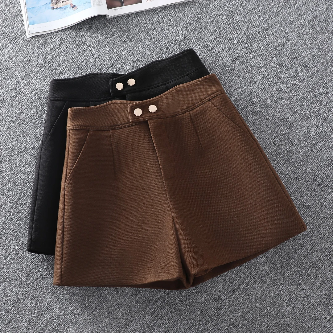 高腰毛呢短裤女秋冬外穿2023新款秋季显瘦休闲裤冬季黑色打底靴裤