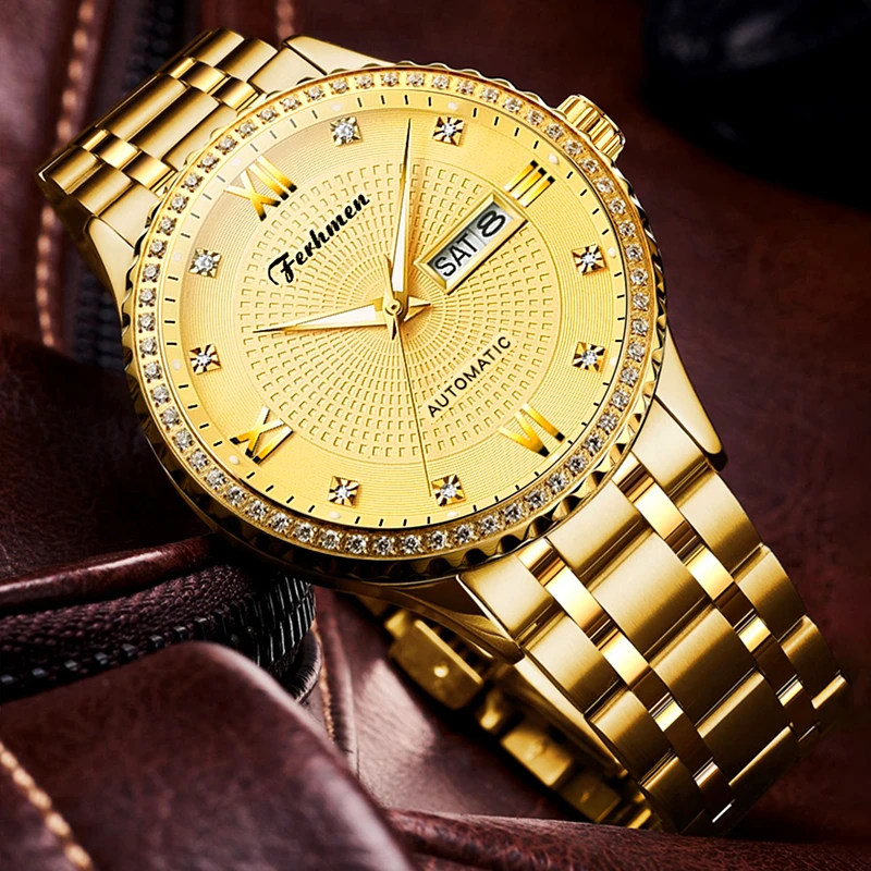 金骑士真金真钻双日历商务防水男士机械表F8600-B