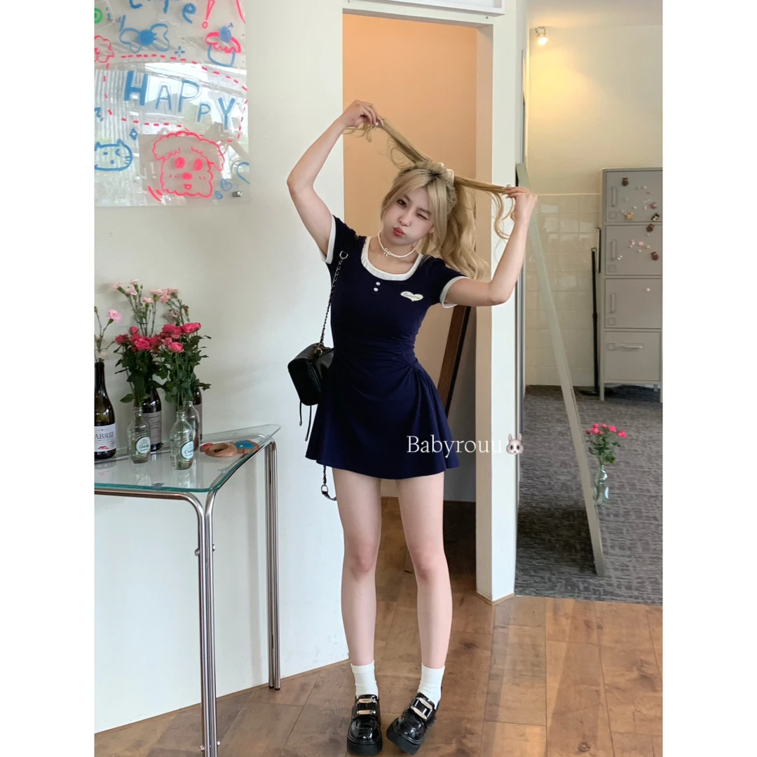 温与柔【美高甜心】假两件褶皱收腰A字短袖连衣裙