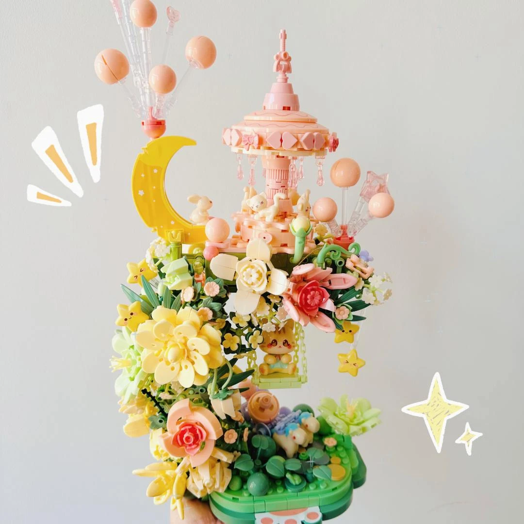 新品花颜月下积木花森系玫瑰花拼搭浪漫摆件女生生日礼物八音盒