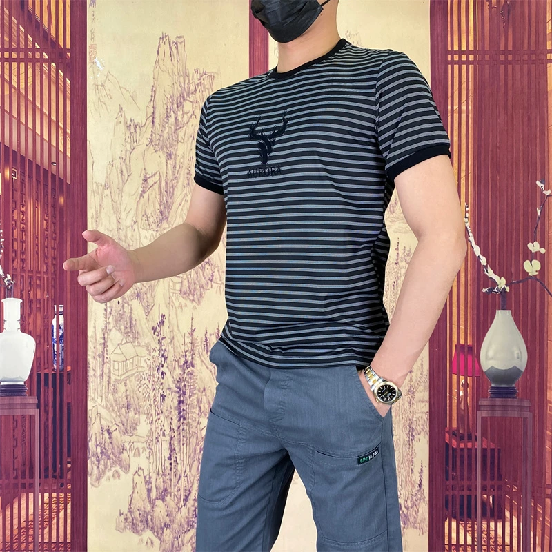 W9224夏男士植绒条纹短袖百搭高品质欧货圆领弹力短袖溯源好物