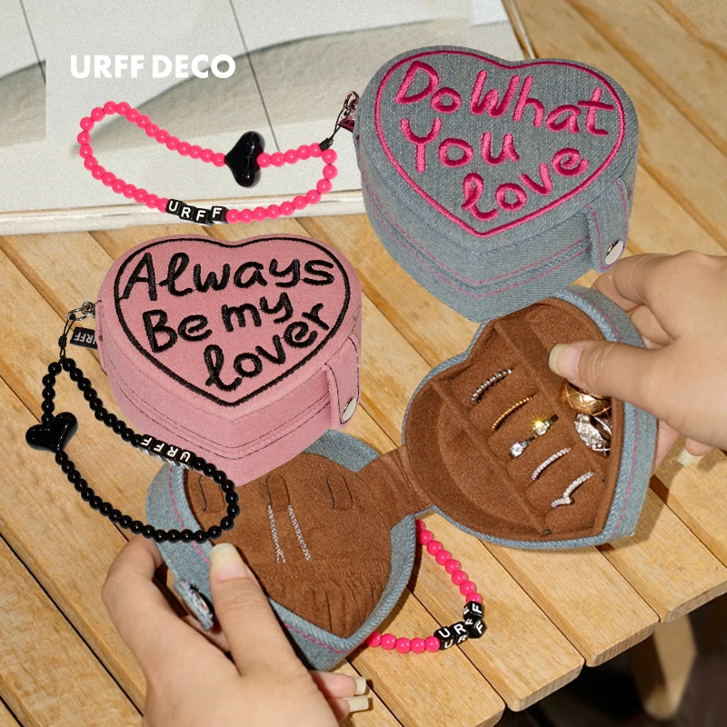 URFF DECO心形蛋糕迷你首饰盒复古牛仔便携戒指珠宝收纳旅行礼物