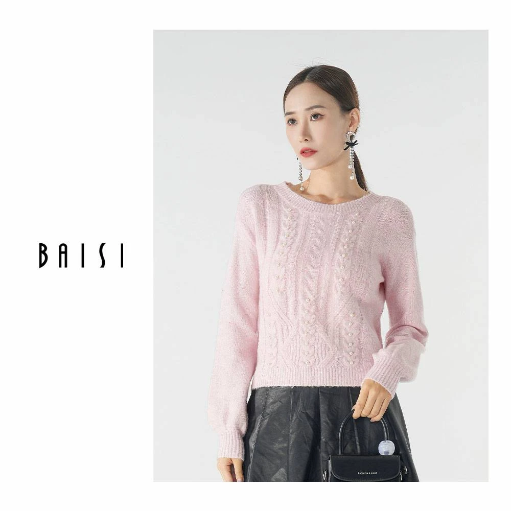 BAISI/百丝圆领针织衫ABYN212409百搭宽松时尚长袖秋冬提花套头