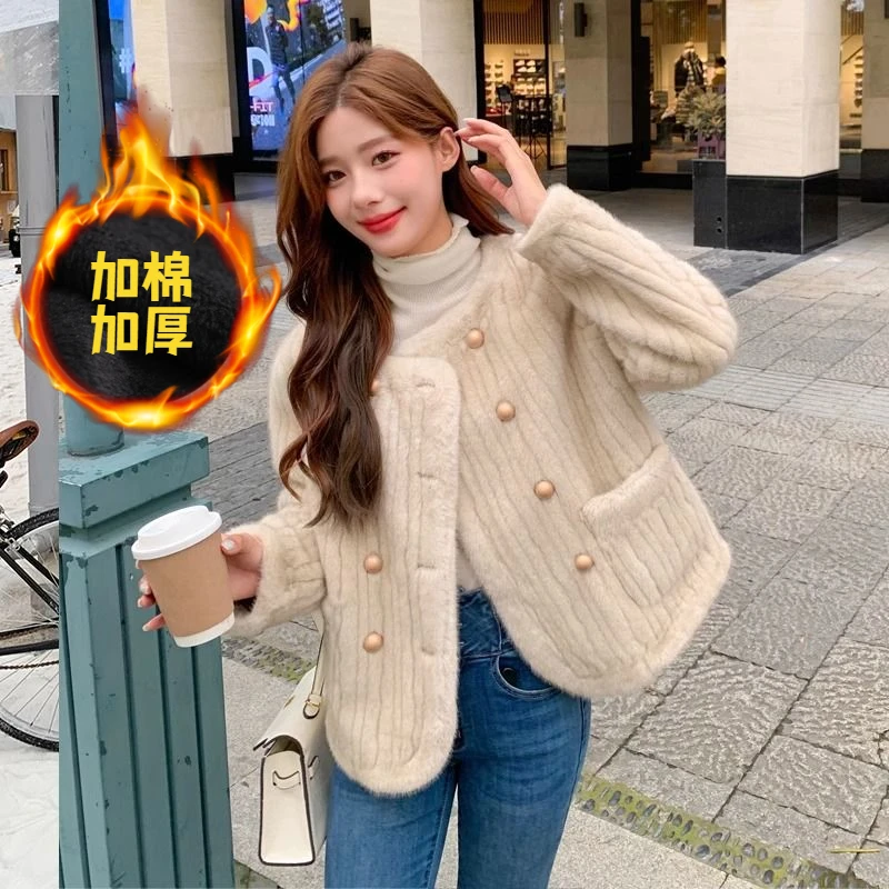 加厚毛毛上衣女短款外套时尚百搭加棉双排扣宽松加厚小香风冬季