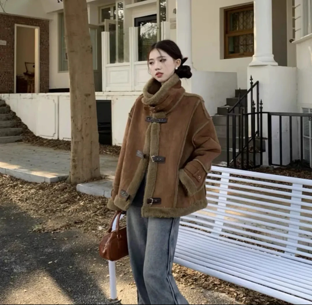 秋冬季时尚加厚机车服保暖韩版毛毛外套百搭网红拼接