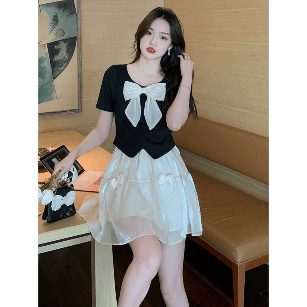 小香风套装裙女夏2023新款法式甜美小个子蝴蝶结上衣半身裙两件套