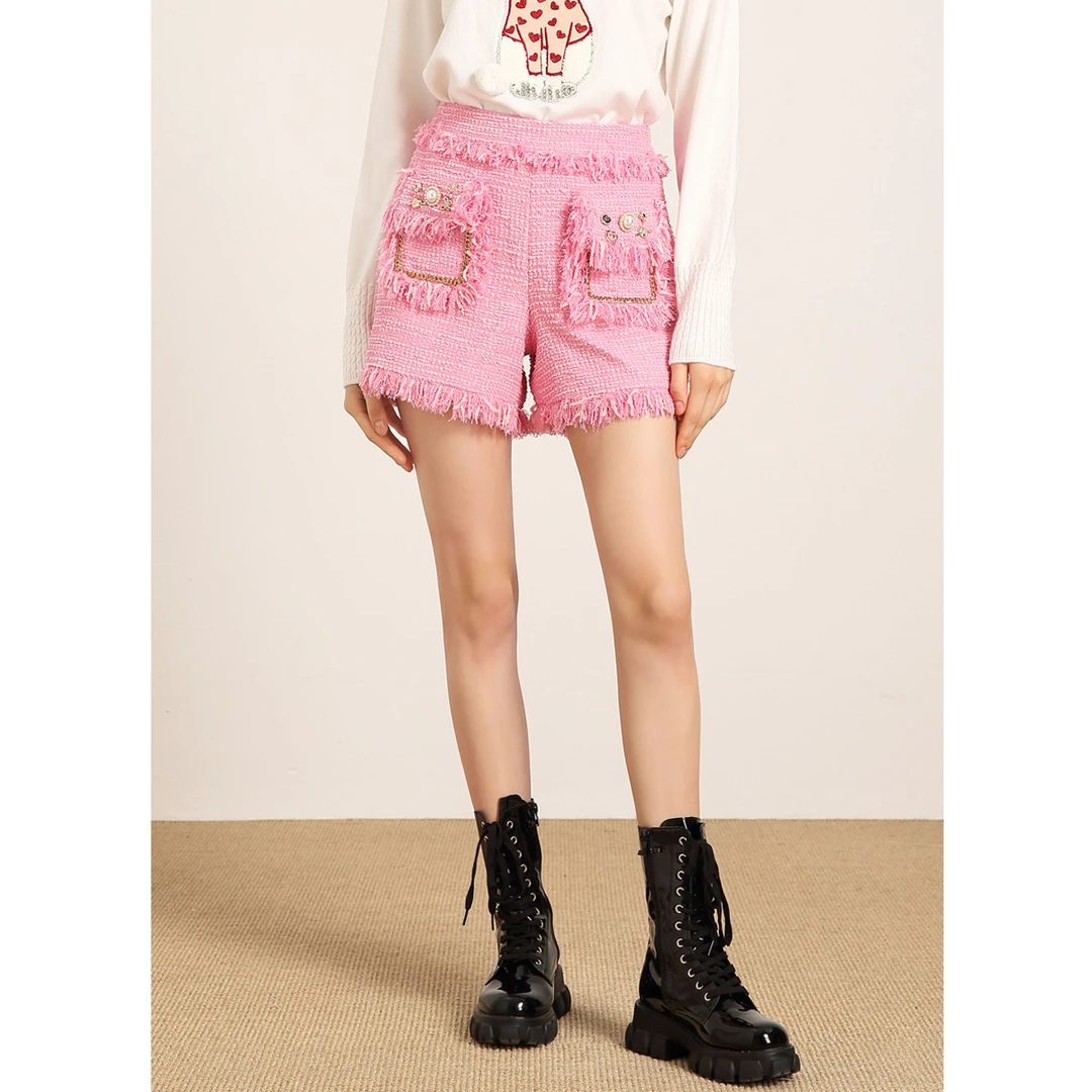 【高级感小香风短裤】JETEZO秋精致装饰毛须边休闲裤BA1HD110B1