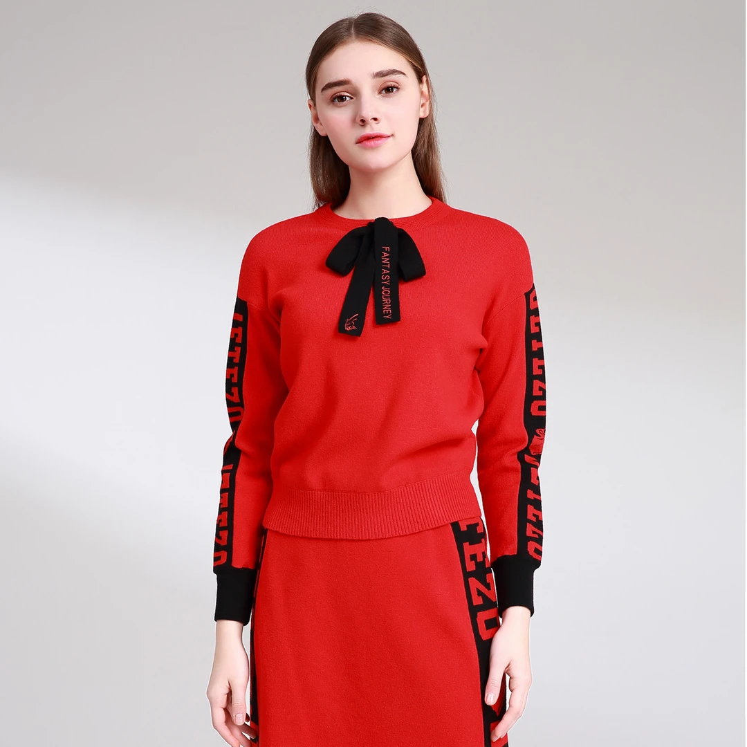 JETEZO时尚撞色拼接蝴蝶结圆领百搭舒适女式针织上衣AI3717A1