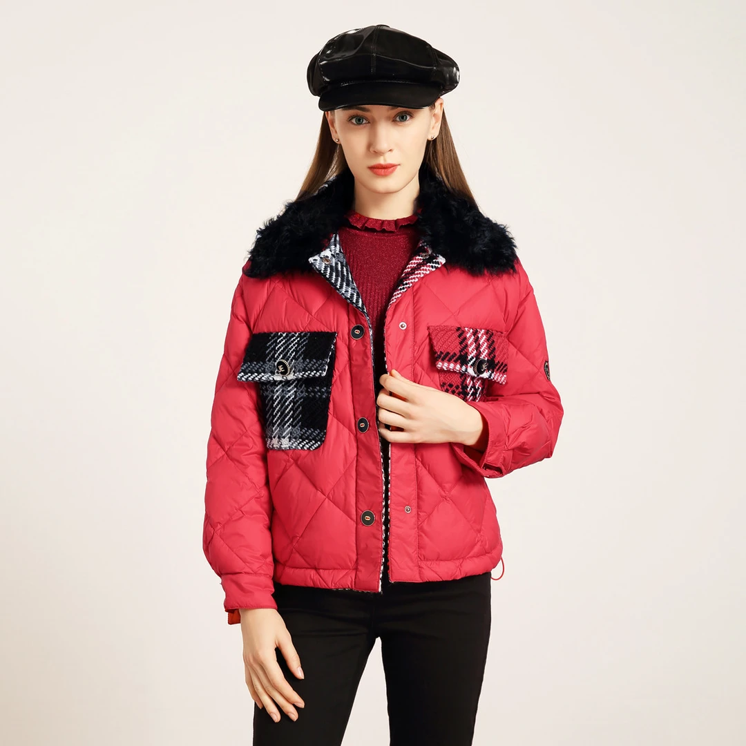 【羊毛翻领拼色羽绒服】JETEZO冬新款格纹抽绳鹅绒外套BA1HC413D1