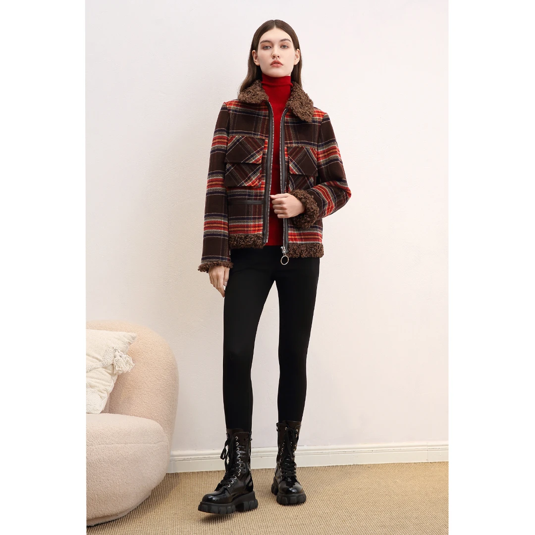 JETEZO/裘堤婼时尚格子保暖短款外套BB1HC398D1