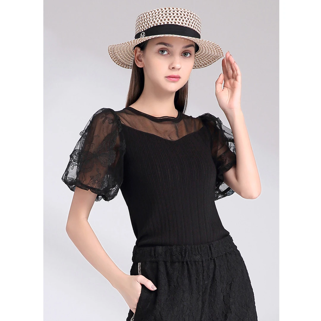 显瘦弹力针织T恤网纱刺绣针织衫BA1222A1