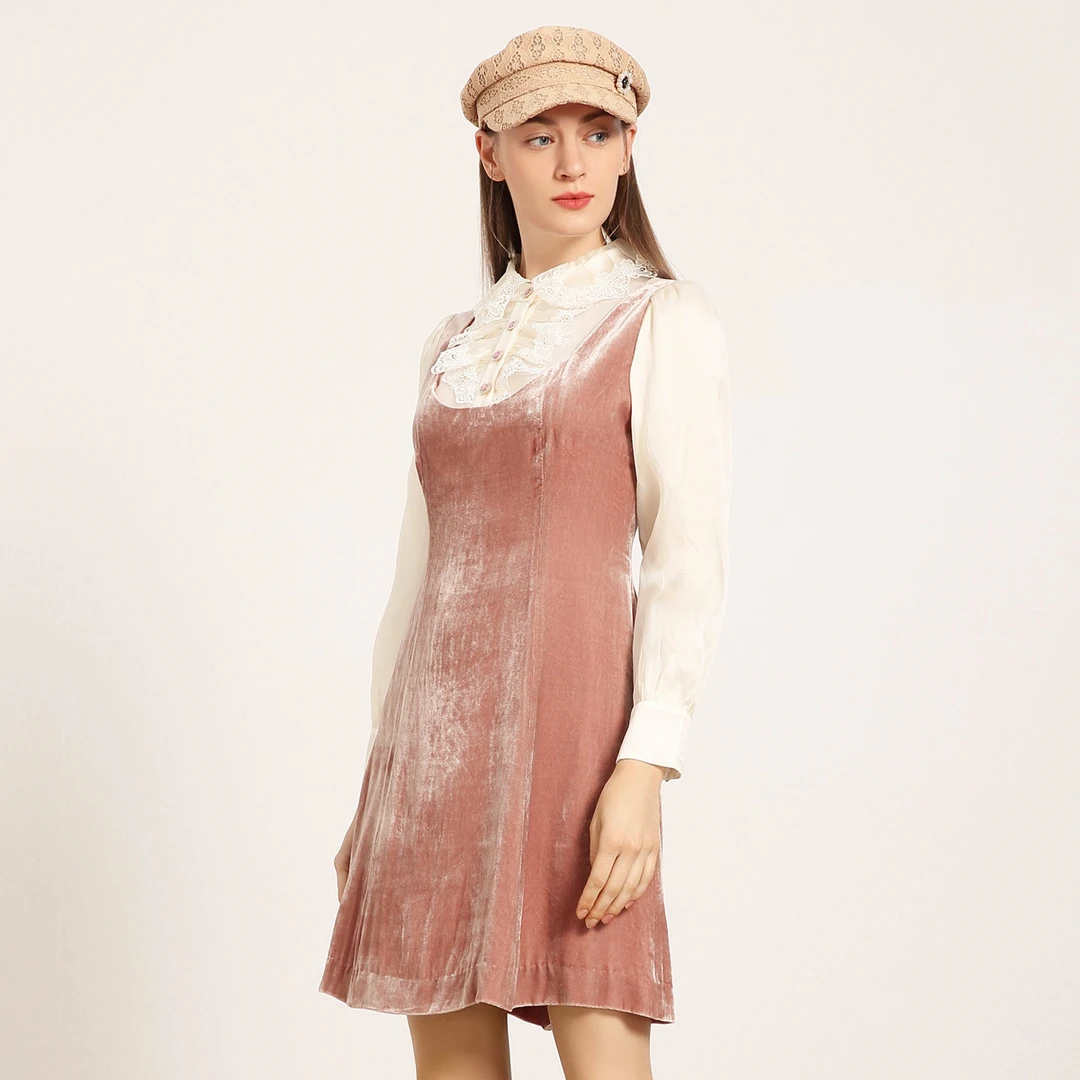 【减龄绒面小洋裙】JETEZO秋花边领有口袋假两件连衣裙BA1AA021E1