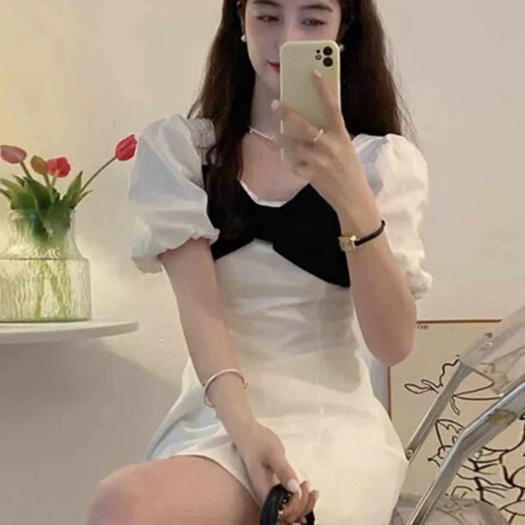 【黑大蝴蝶结--连衣裙】2024新款夏季复古泡泡袖字连衣裙小黑裙法式