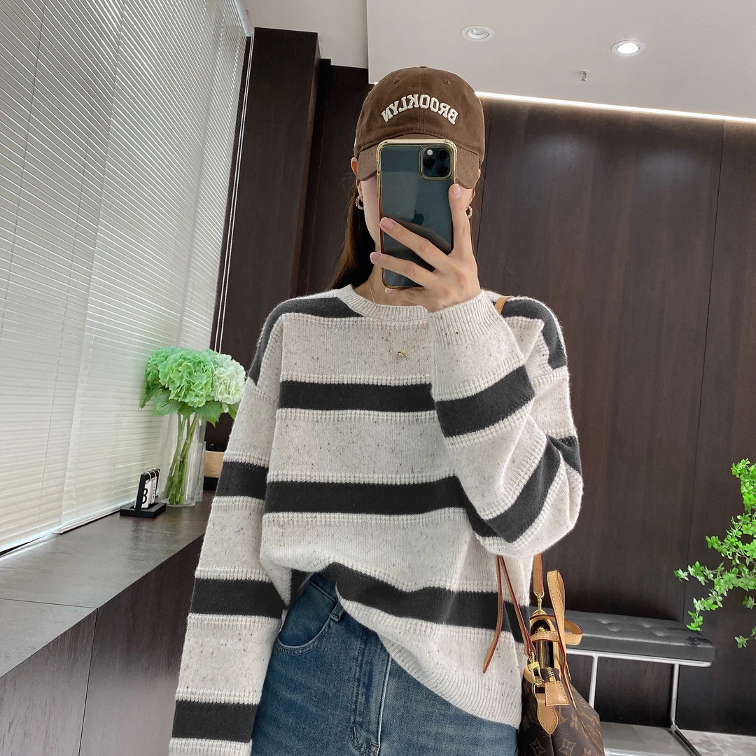 金小金自制【悸动旋律】羊毛衫DYW5753条纹长袖针织衫女宽松毛衣