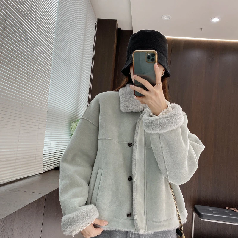 IMFLY金小金自制 毛毛外套DYW8166冬装上新翻领机车服棉服外套女