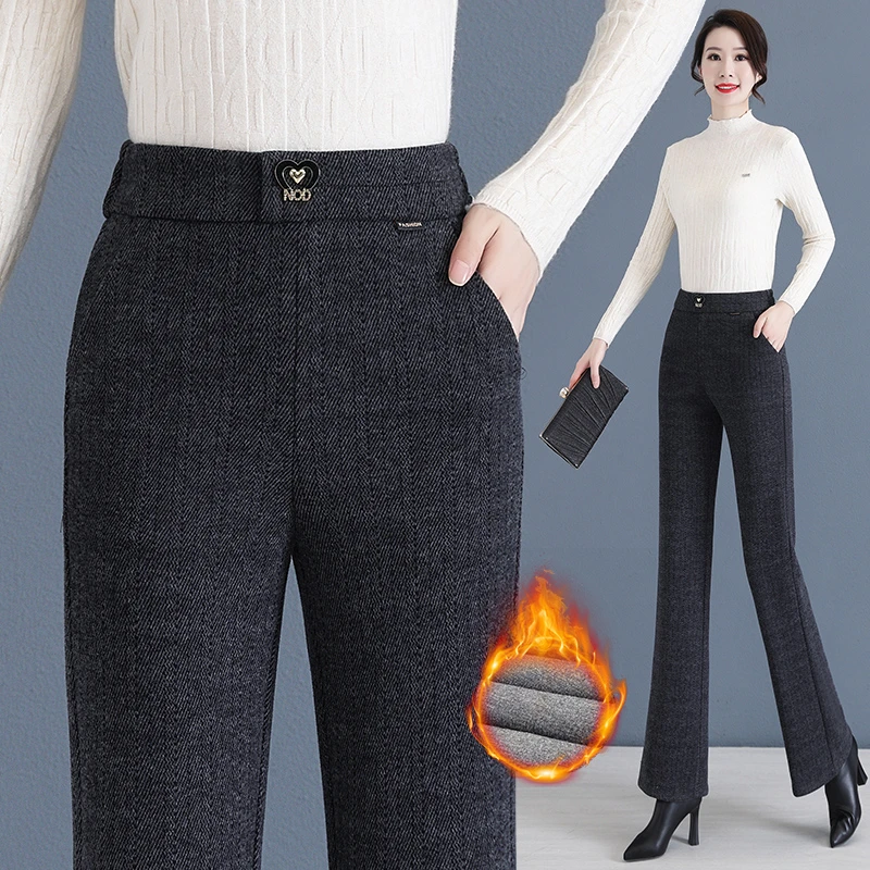 2024秋冬厚款毛呢高腰直筒微喇裤女气质通勤垂顺显瘦休闲加绒微喇