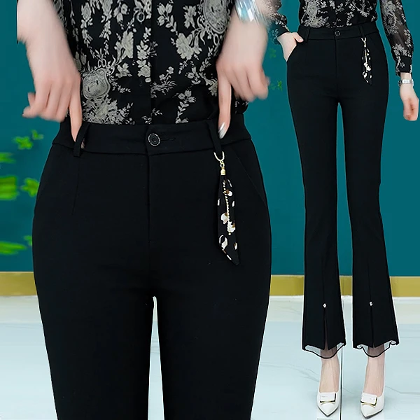 黑色休闲裤女2025春秋夏季新款修身弹力高腰显瘦九分长裤微喇叭裤
