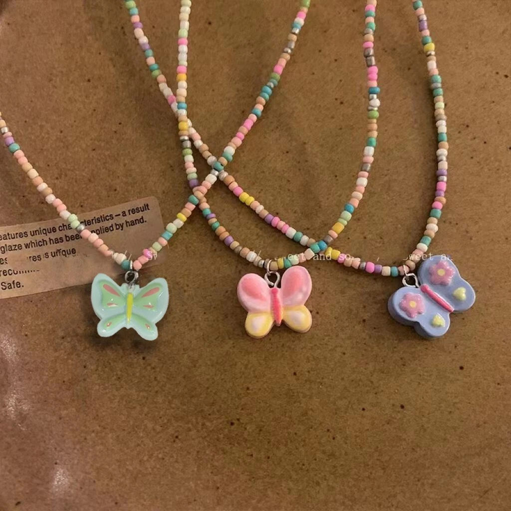 2023新款潮配饰糖果色串珠蝴蝶项链女小众甜美可爱少女风锁骨链