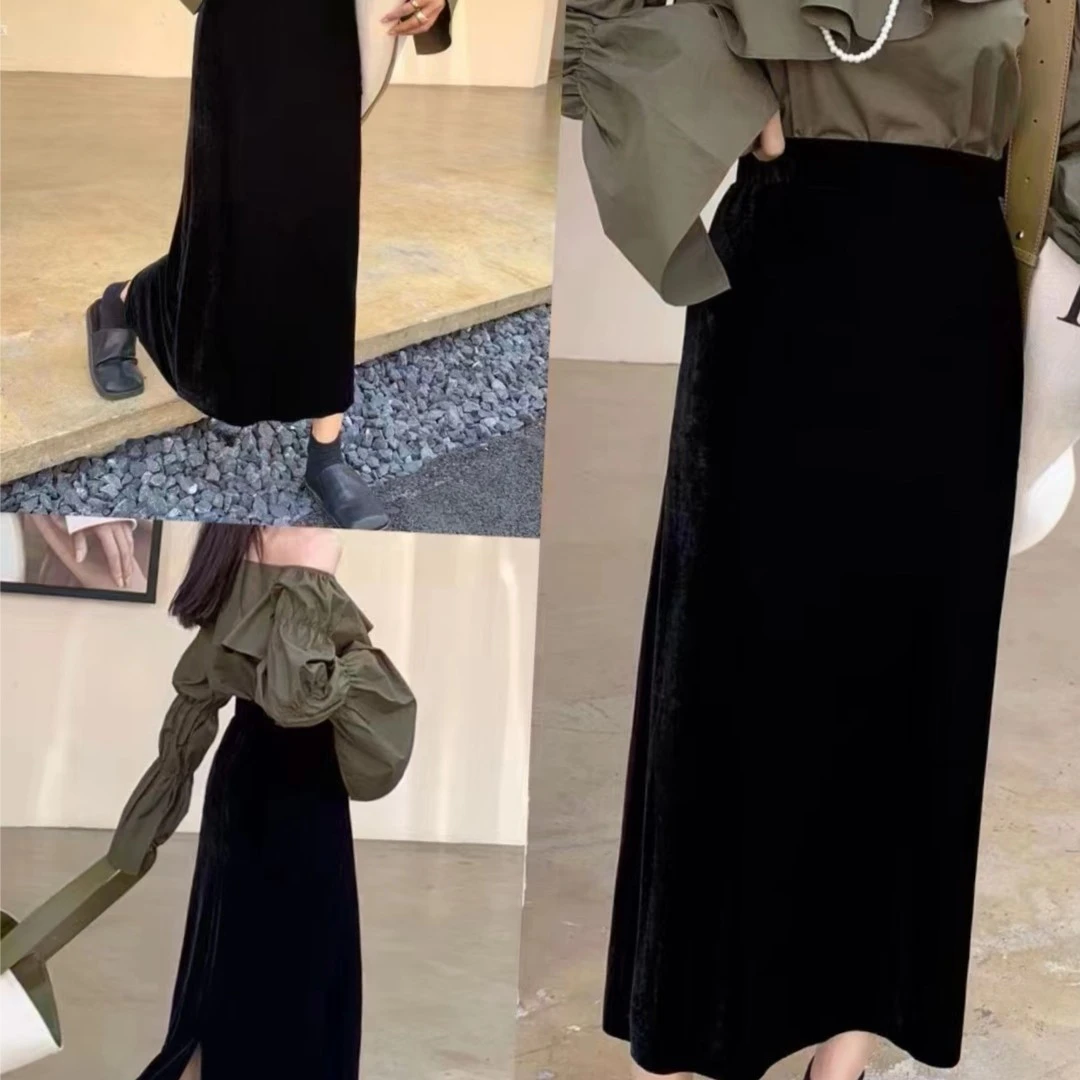 金丝绒半身裙黑色长裙秋高腰开叉复古显瘦中长款一步裙时尚百搭