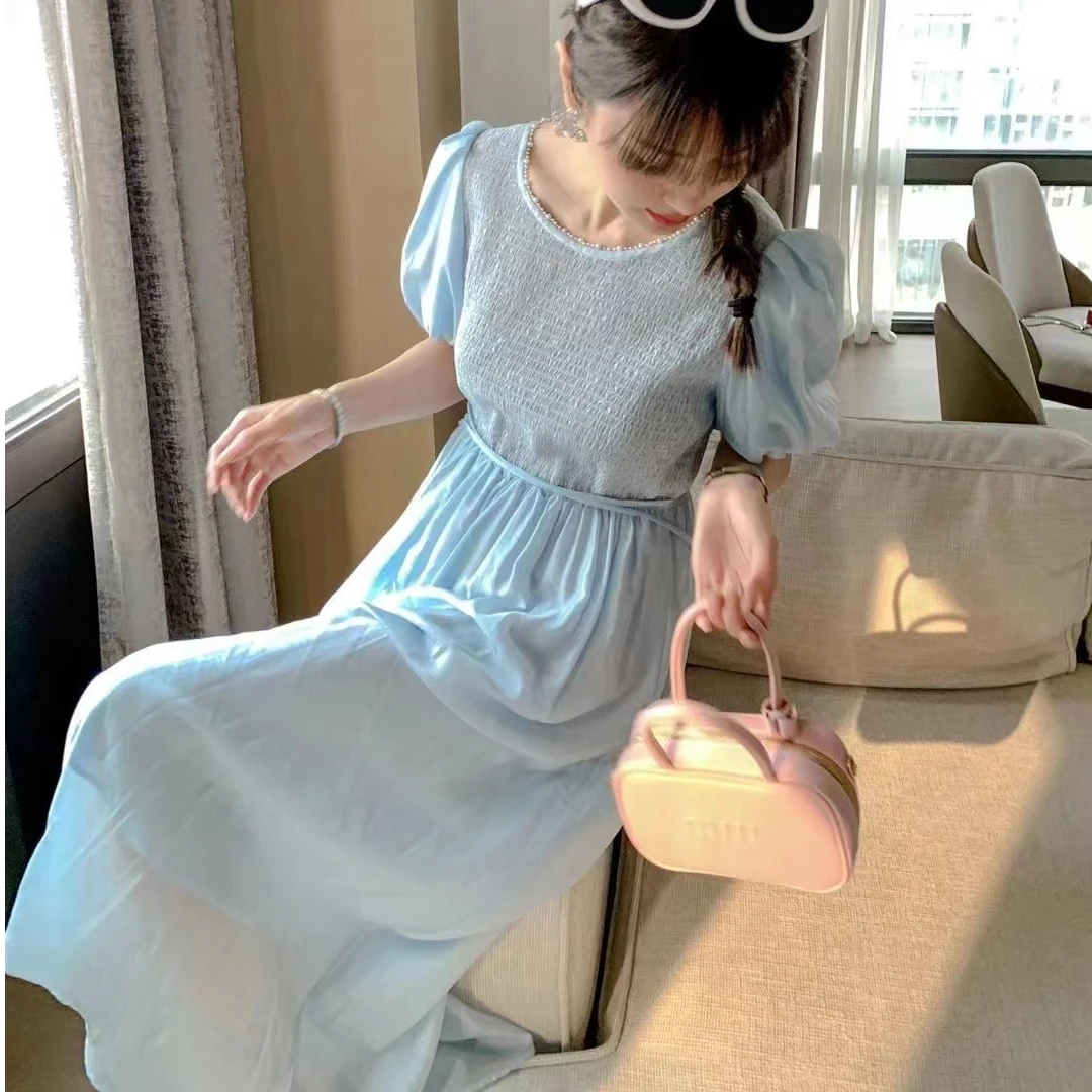 女士夏季连衣裙品质轻奢女装时尚显瘦短袖连衣裙蓝色连衣裙泡泡袖
