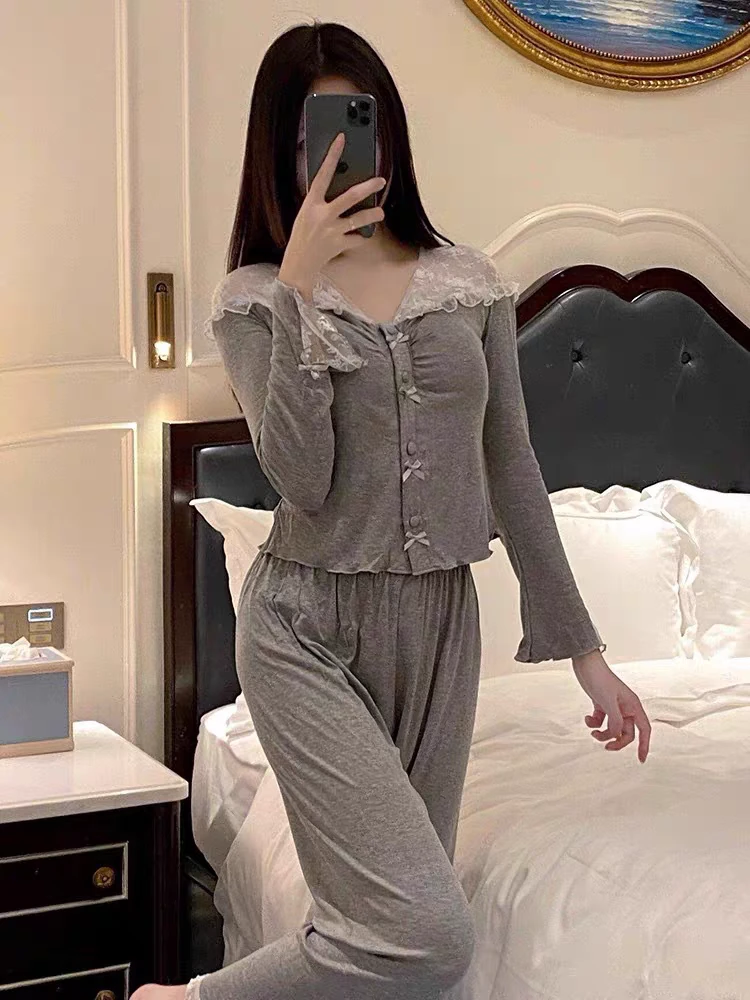 莫代尔春秋款带胸垫套装睡衣
