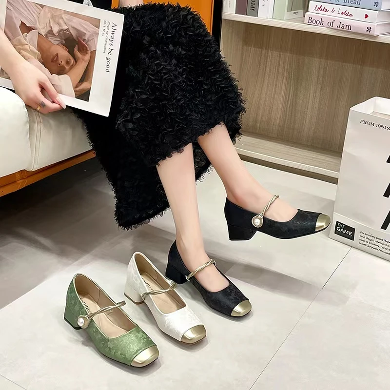 夏季新款时尚百搭粗跟浅口气质低跟女士玛丽珍跟鞋246018