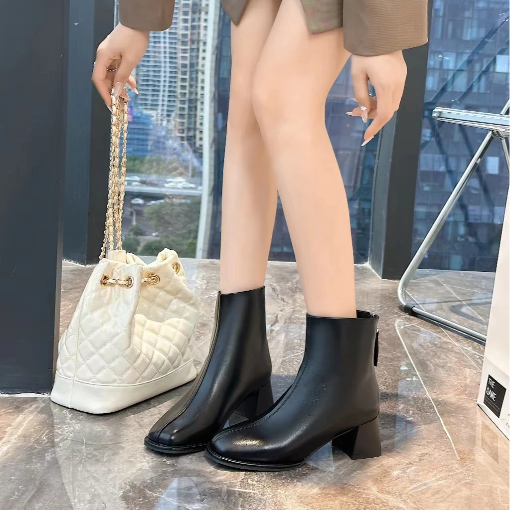 秋冬英伦风方头粗跟短靴百搭中跟弹力时尚短靴9529-11【薄绒】