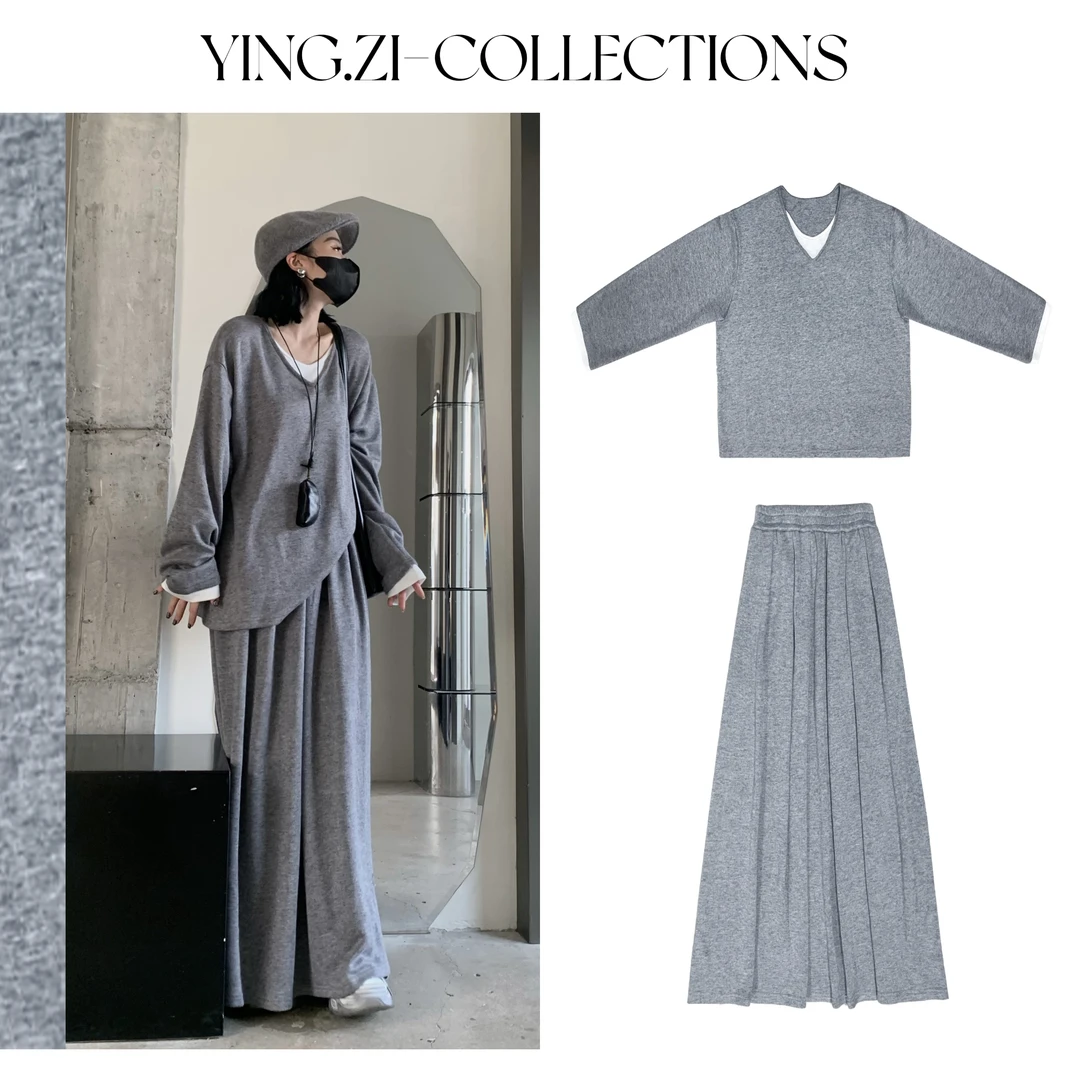 Ying-Zi【还白】不加绒假两件显瘦宽松长袖套装裙