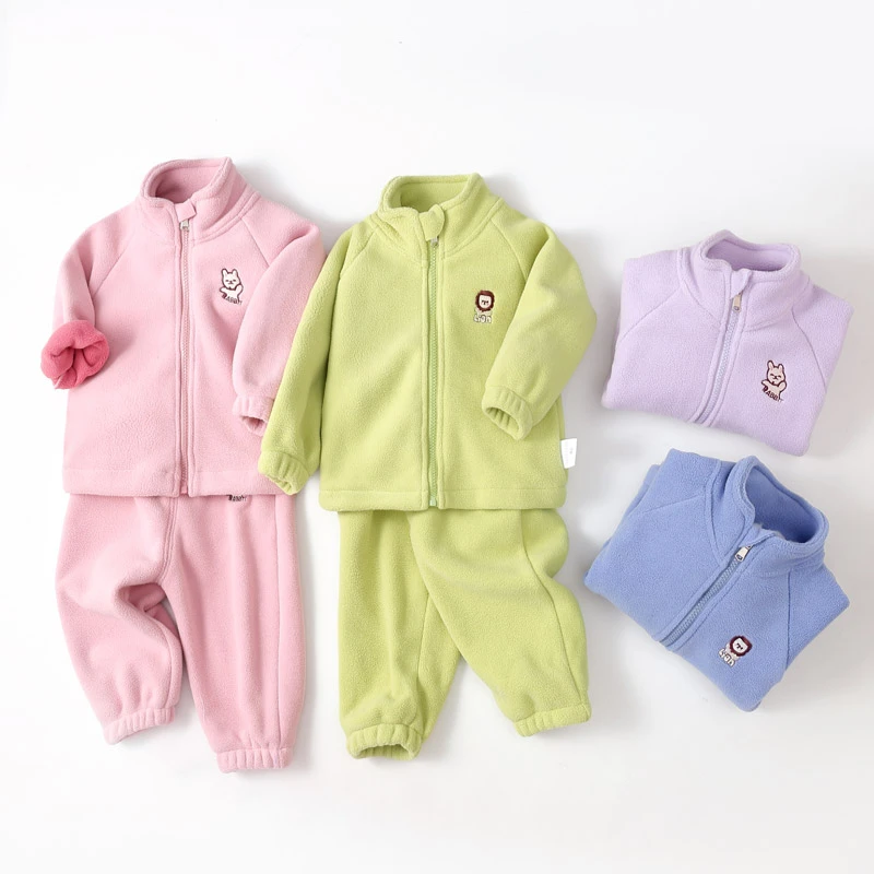 秋冬宝宝加绒套装儿童双面奥利绒保暖婴幼儿两件套小童一体绒帅气