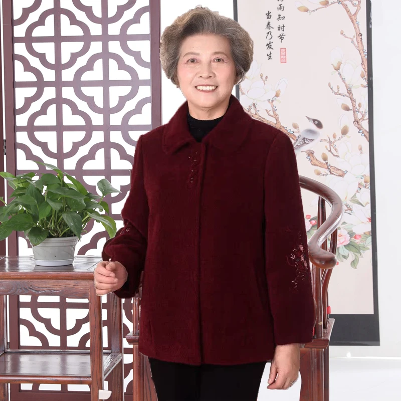 神采夫人老年冬装女奶奶妈妈金雕绣花翻领外套老太太老人高档衣服