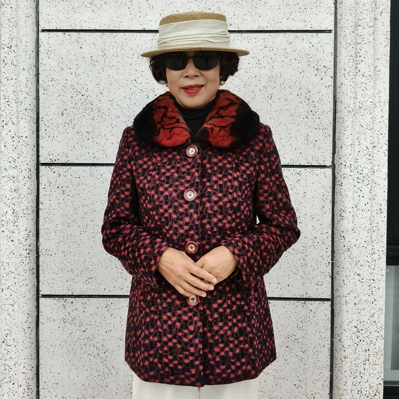 奶奶秋冬獭兔毛领毛呢衣服长袖大衣60岁80老年人妈妈老太太外套