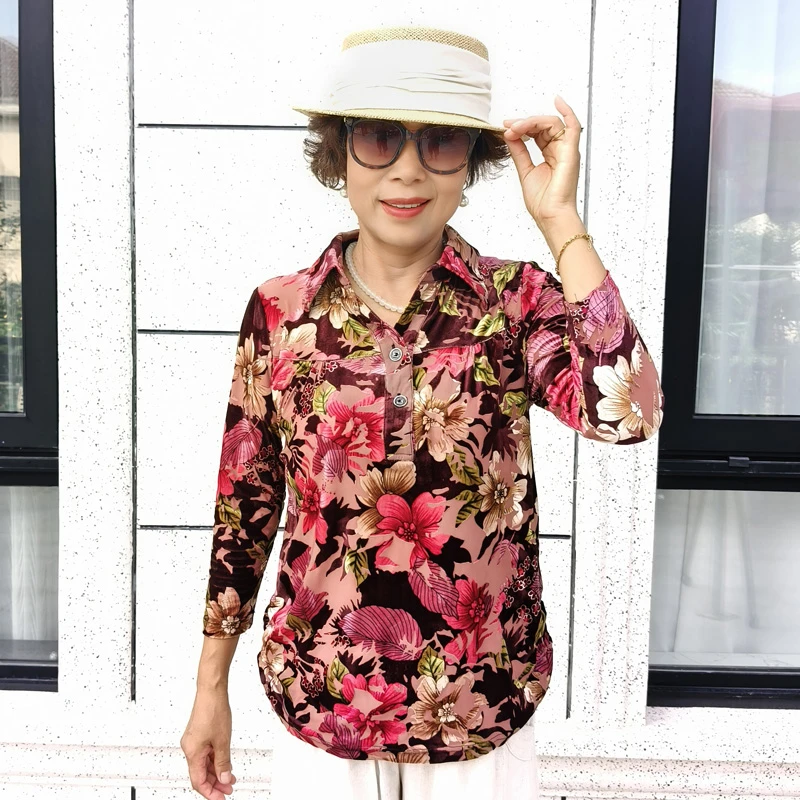 新中式妈妈衬衣秋季丝绒时尚国风上衣中老年女新款上衣九分袖衬衫