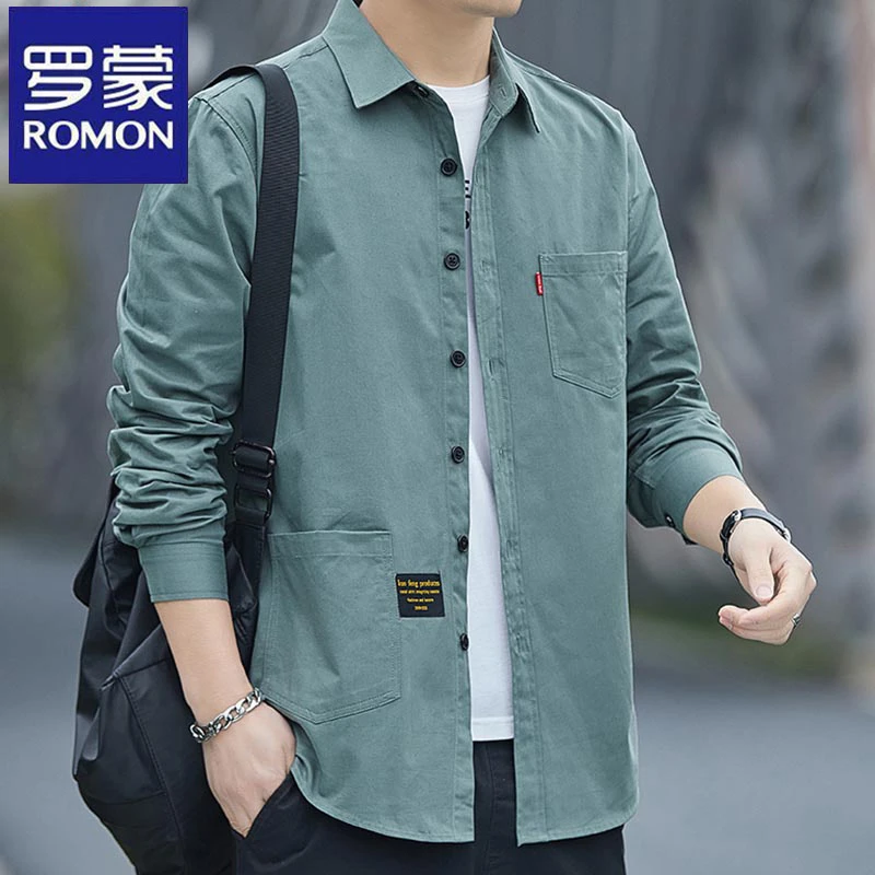 Romon/罗蒙【正品】春秋季长袖工装衬衫男士纯棉衬衣休闲外套上衣潮