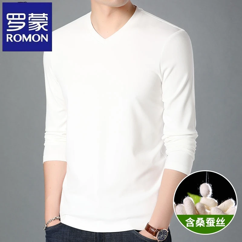 Romon/罗蒙【正品】男士长袖t恤春秋新款桑蚕丝V领宽松打底衫上衣潮