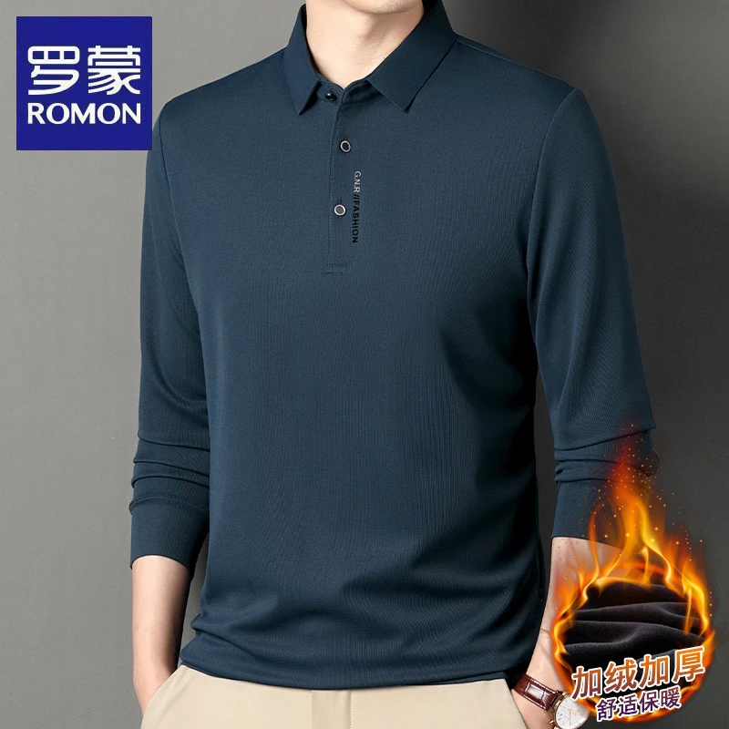 【加绒加厚】罗蒙秋冬季长袖翻领POLO衫商务休闲中青年百搭男士T恤